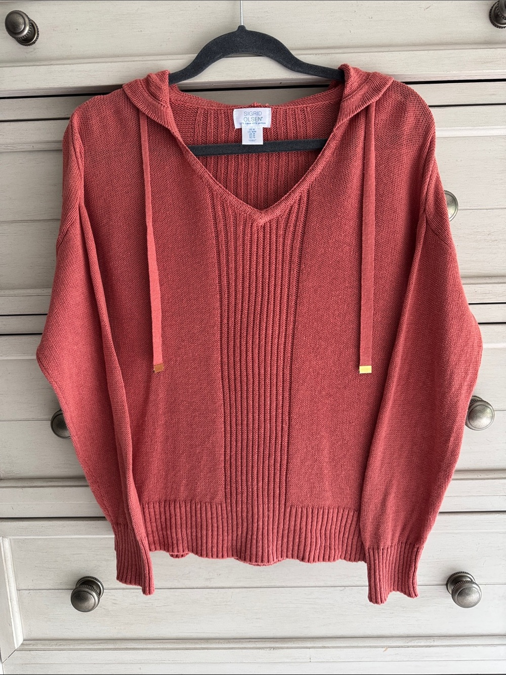 Sigrid Olsen Rust V-Neck Hooded Knit Sweater SZ Medium